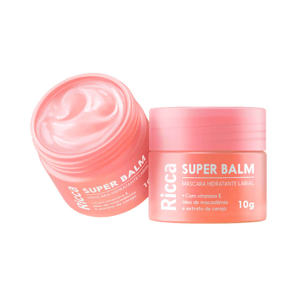 Dois potes da Máscara Hidratante Labial Ricca Super Balm, um aberto mostrando a textura cremosa