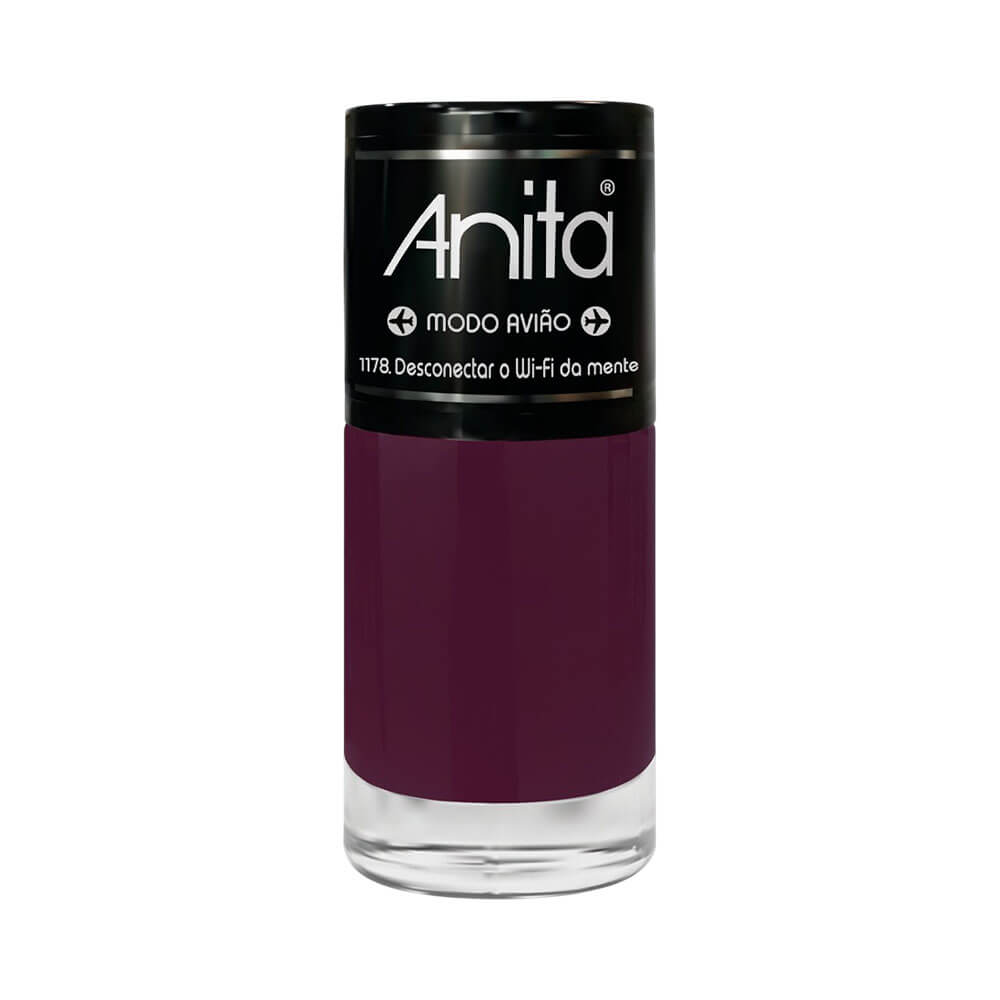 Esmalte Anita Modo Avião na cor Desconectar o Wi-Fi da Mente, tom vinho escuro em frasco com tampa preta