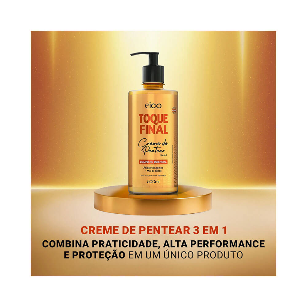 Creme de Pentear Eico Toque Final 500ml em destaque sobre base dourada circular