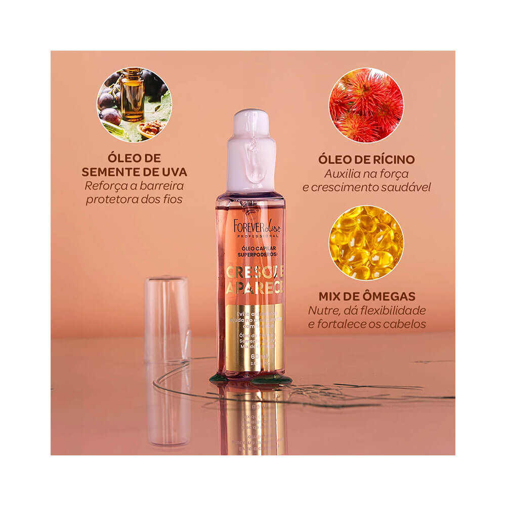 Frasco do óleo com ingredientes destacados: óleo de semente de uva, óleo de rícino e mix de ômegas