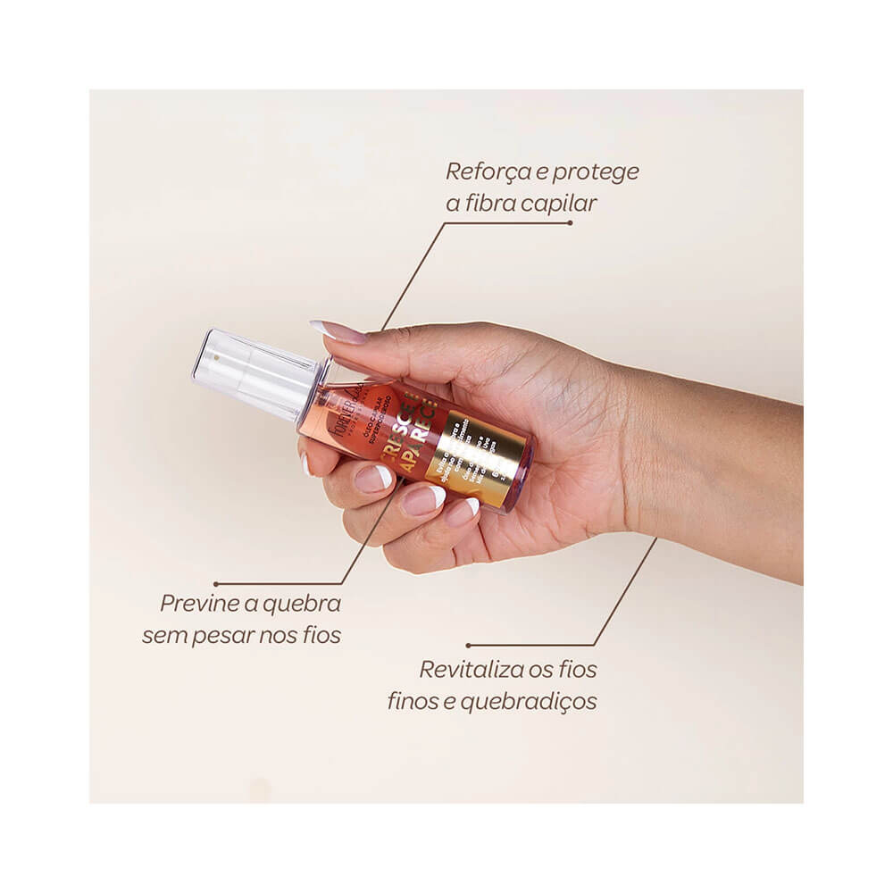 Mão segurando frasco do óleo capilar Forever Liss com destaque para benefícios