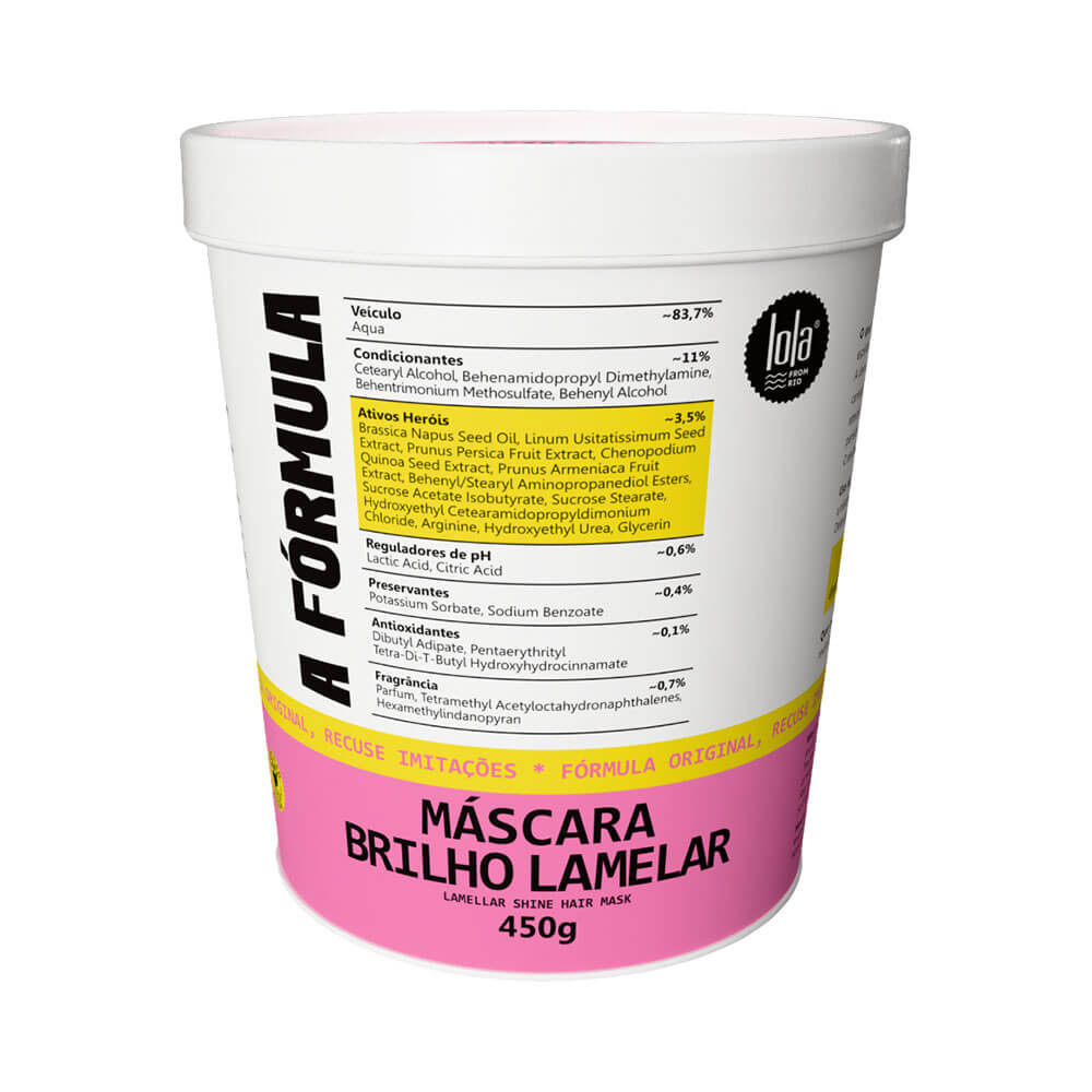 Pote branco da Máscara Capilar Lola A Fórmula Brilho Lamelar 450g com rótulo branco e rosa