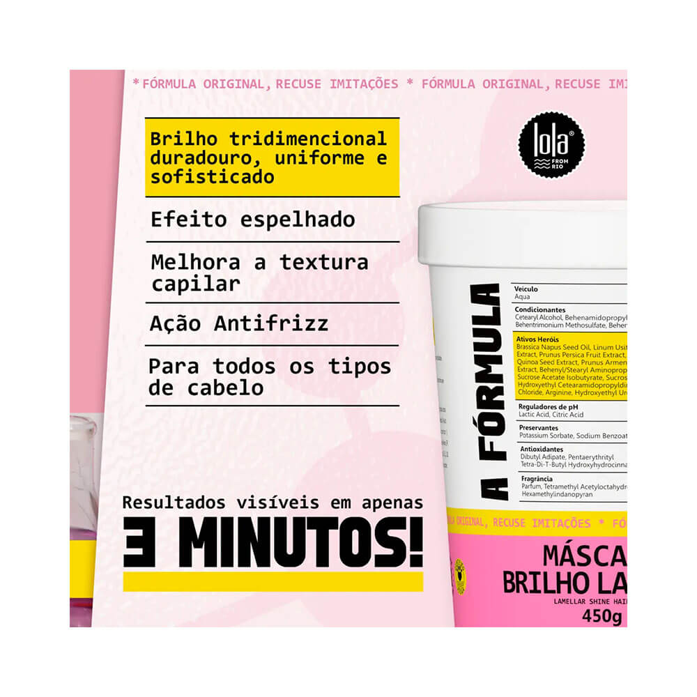 Benefícios da Máscara Capilar Lola A Fórmula Brilho Lamelar destacados em fundo rosa claro