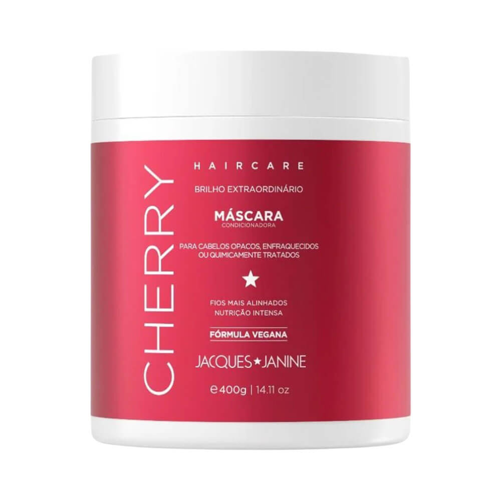 Máscara capilar Jacques Janine Haircare Cherry 400g em pote vermelho cereja com tampa branca