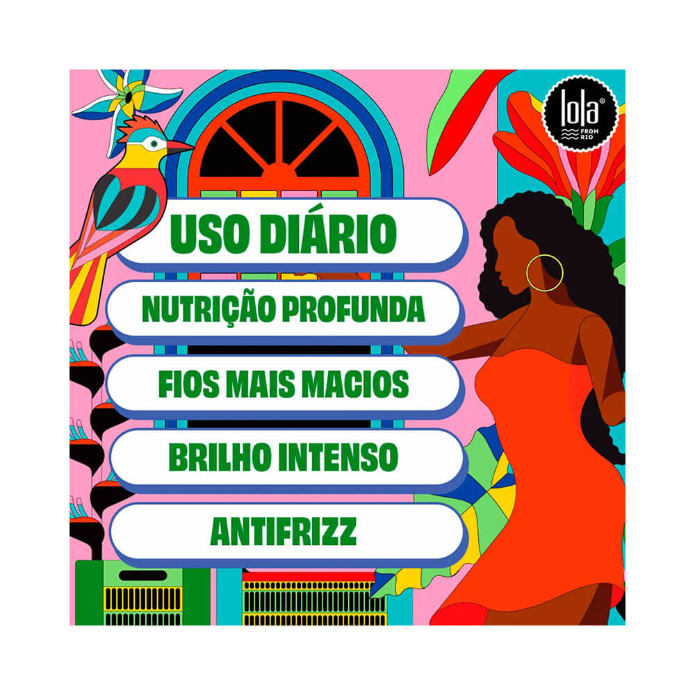 Imagem gráfica vibrante com benefícios do Creme Modelador Lola Bossa Crespos e Cachos