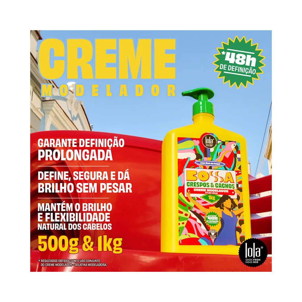 Embalagem do Creme Modelador Lola Bossa Crespos e Cachos 1kg destacada sobre fundo colorido