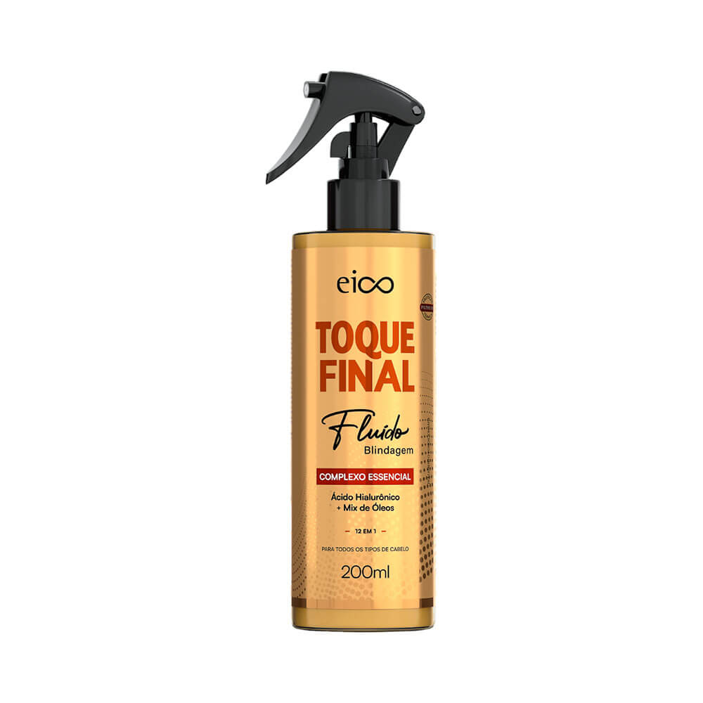 Frasco dourado do Fluido Eico Toque Final 200ml com borrifador preto e rótulo vermelho e preto