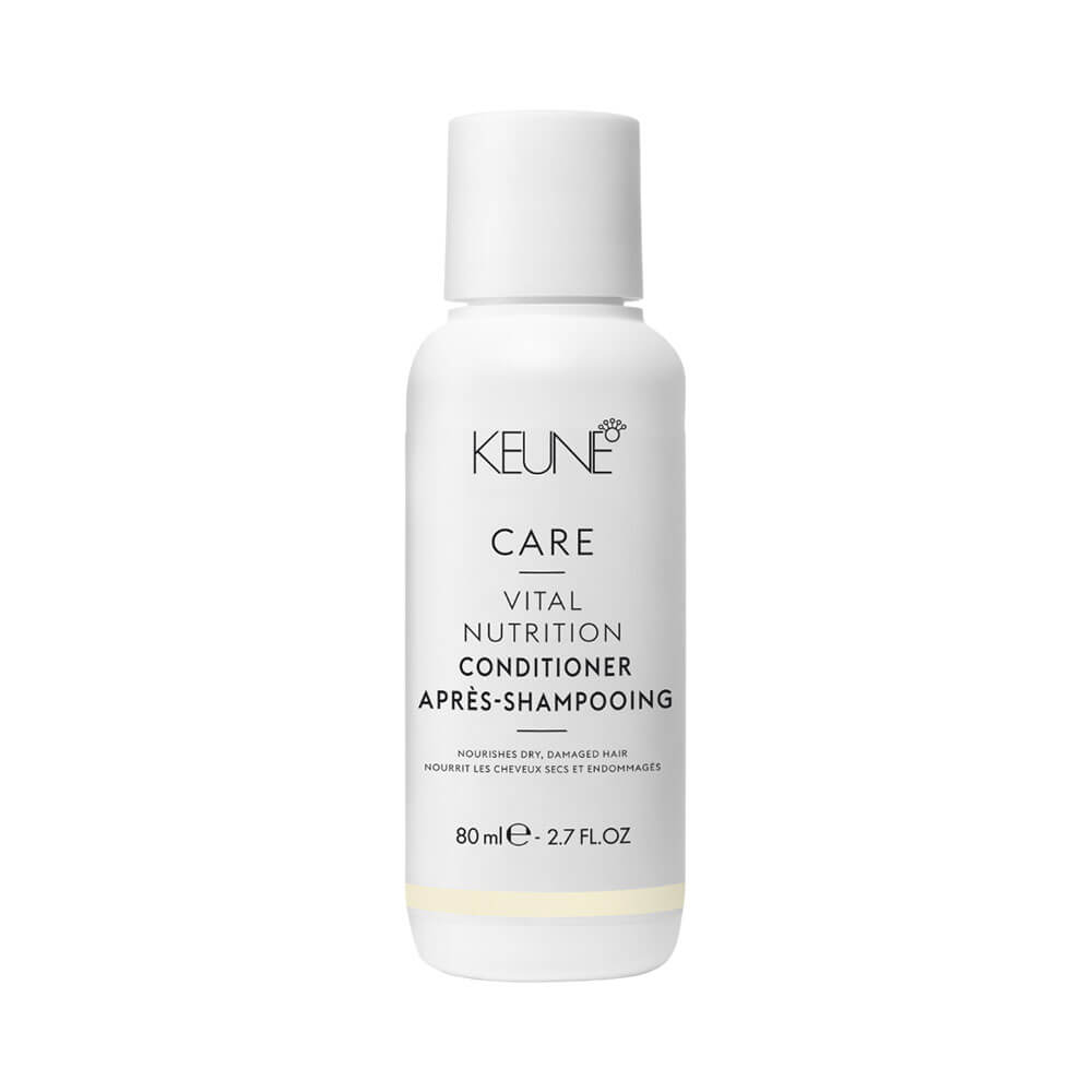 Condicionador Keune Care Vital Nutrition 80ml em embalagem branca com detalhes em amarelo claro