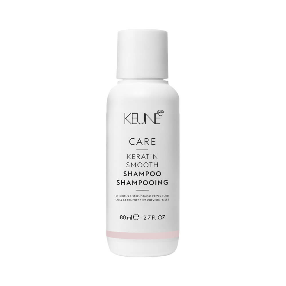 Frasco branco de shampoo Keune Care Keratin Smooth 80ml com design minimalista e faixa rosa clara.