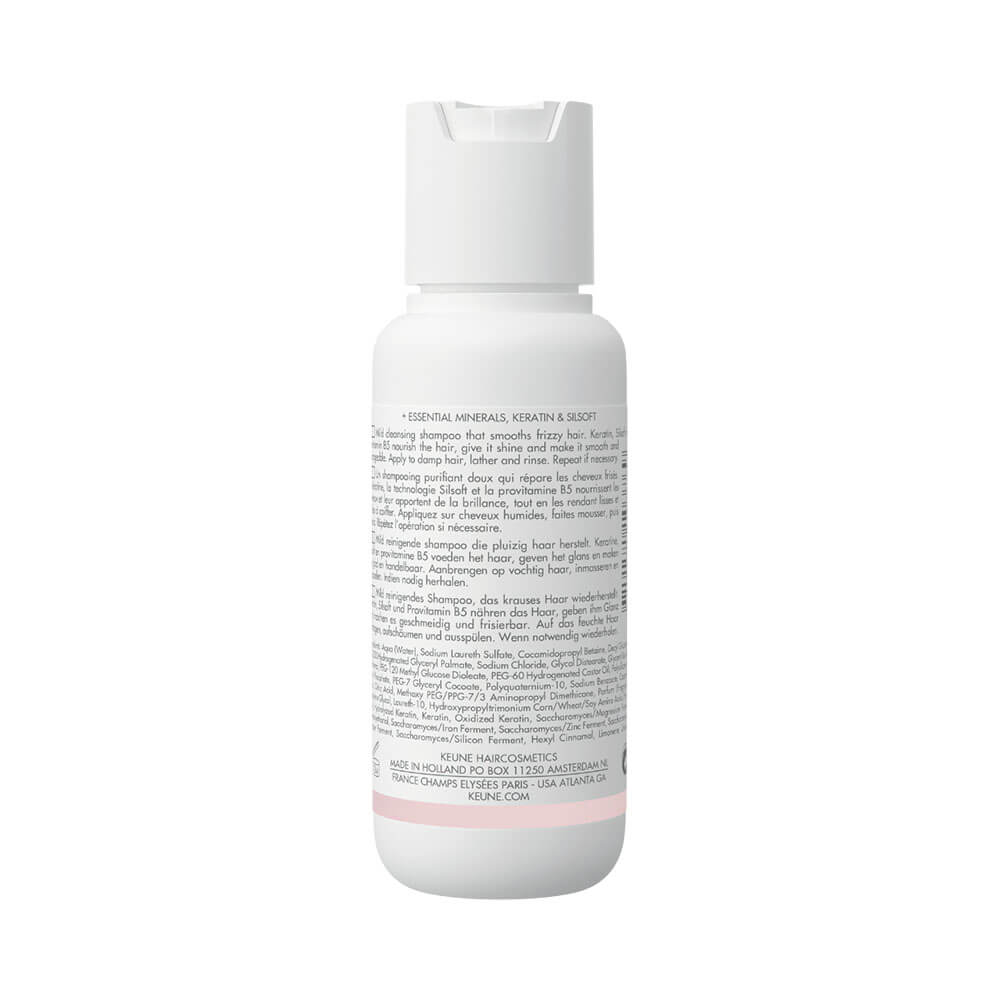 Frasco branco do Shampoo Keune Care Keratin Smooth 80ml visto de costas com rótulo detalhado.