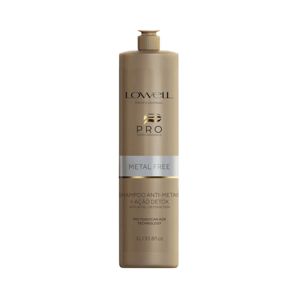 Frasco dourado do Shampoo Lowell Pro Metal Free 1L com texto destacando ação anti-metal e tecnologia Phytoglycan AOX