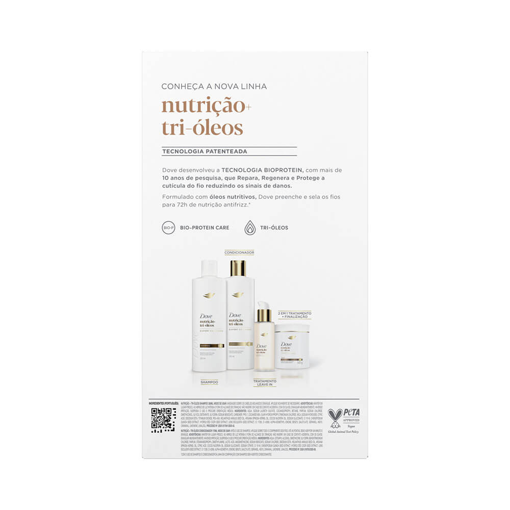 Imagem traseira do Kit Dove Nutrição Tri-Óleos mostrando detalhes da fórmula e certificações