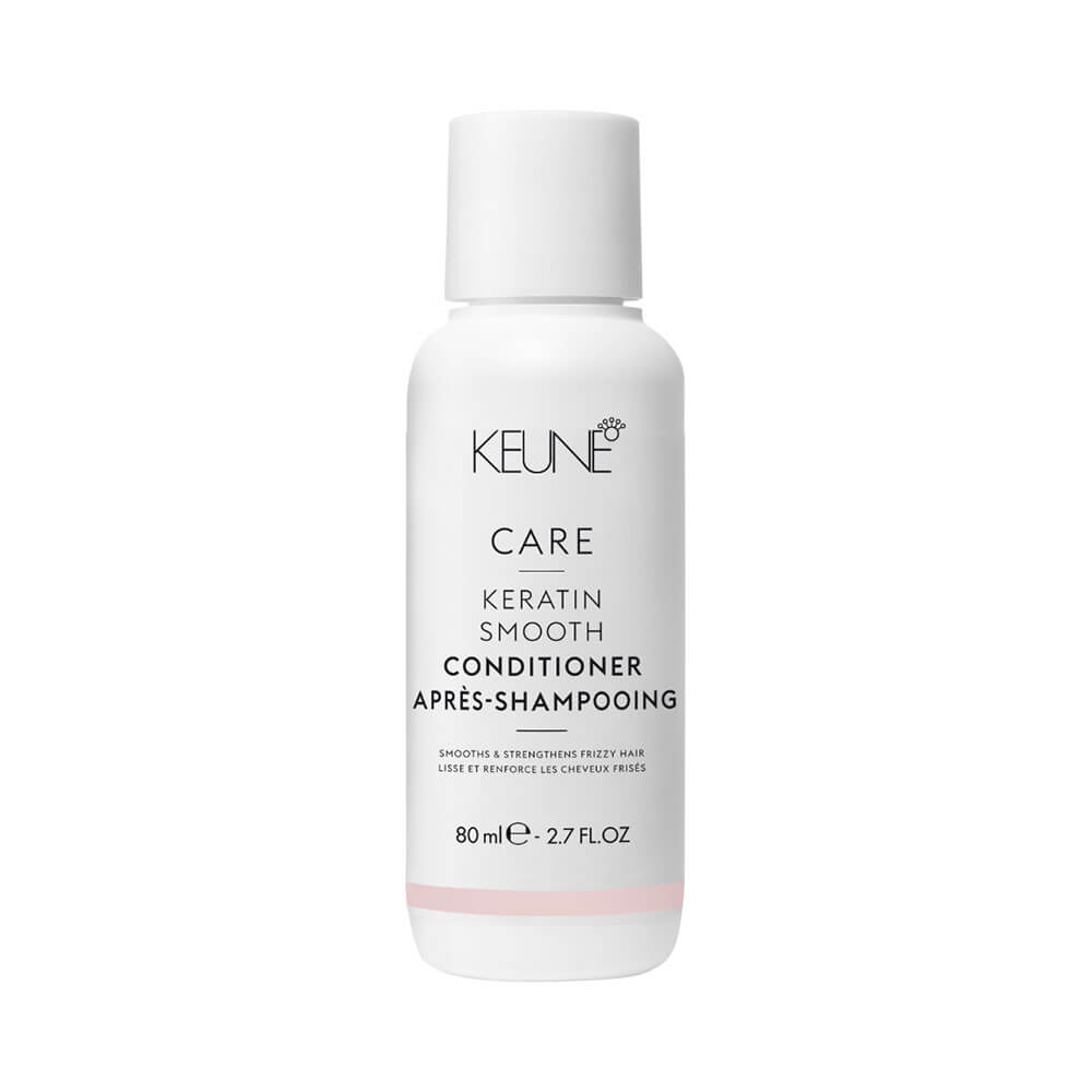 Condicionador Keune Care Keratin Smooth 80ml em embalagem branca com detalhes em rosa