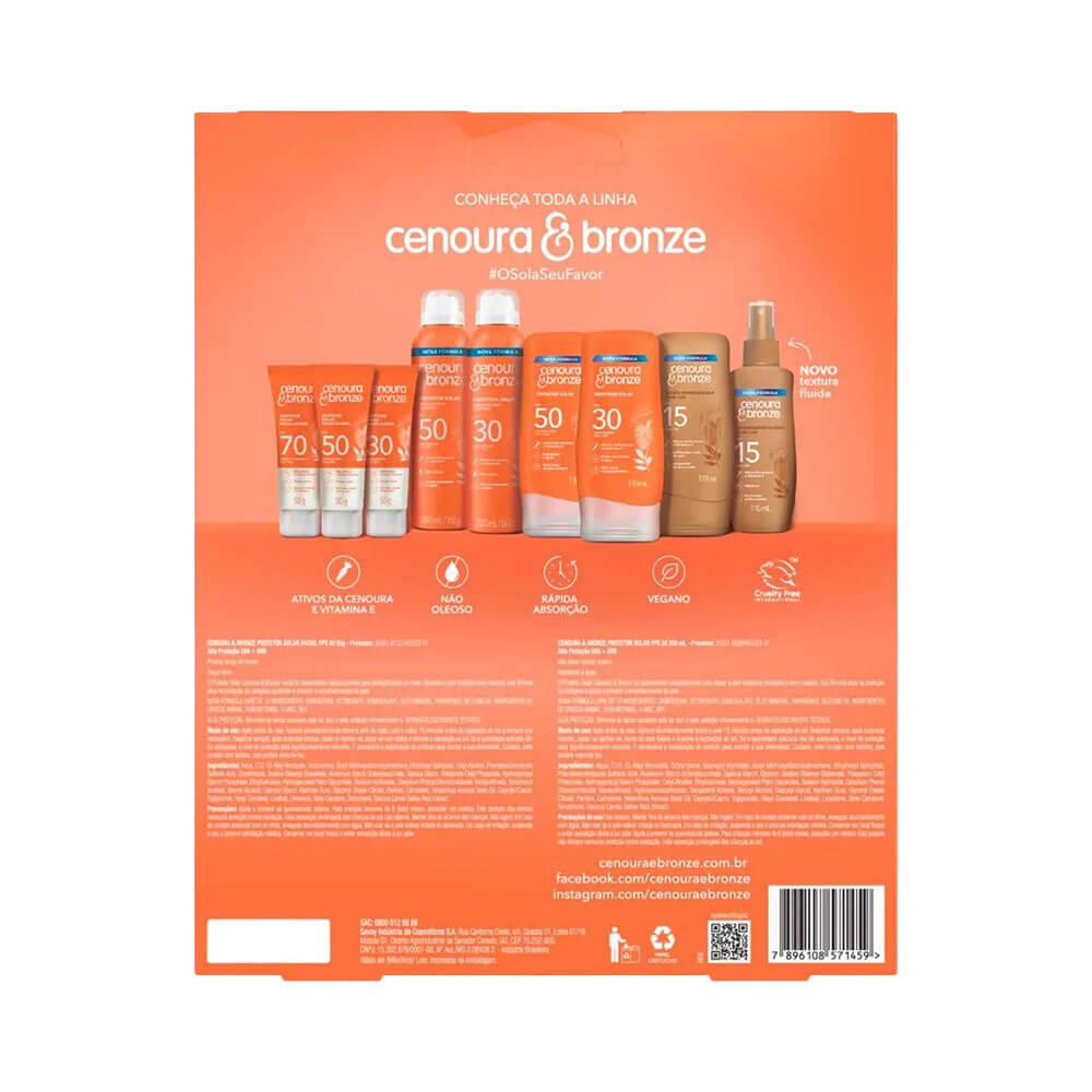 Parte traseira da embalagem do Kit Cenoura e Bronze mostrando detalhes do produto e benefícios