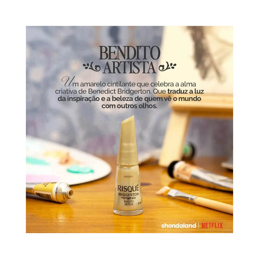 Esmalte Risqué Bridgerton Bendito Artista na embalagem com tampa dourada