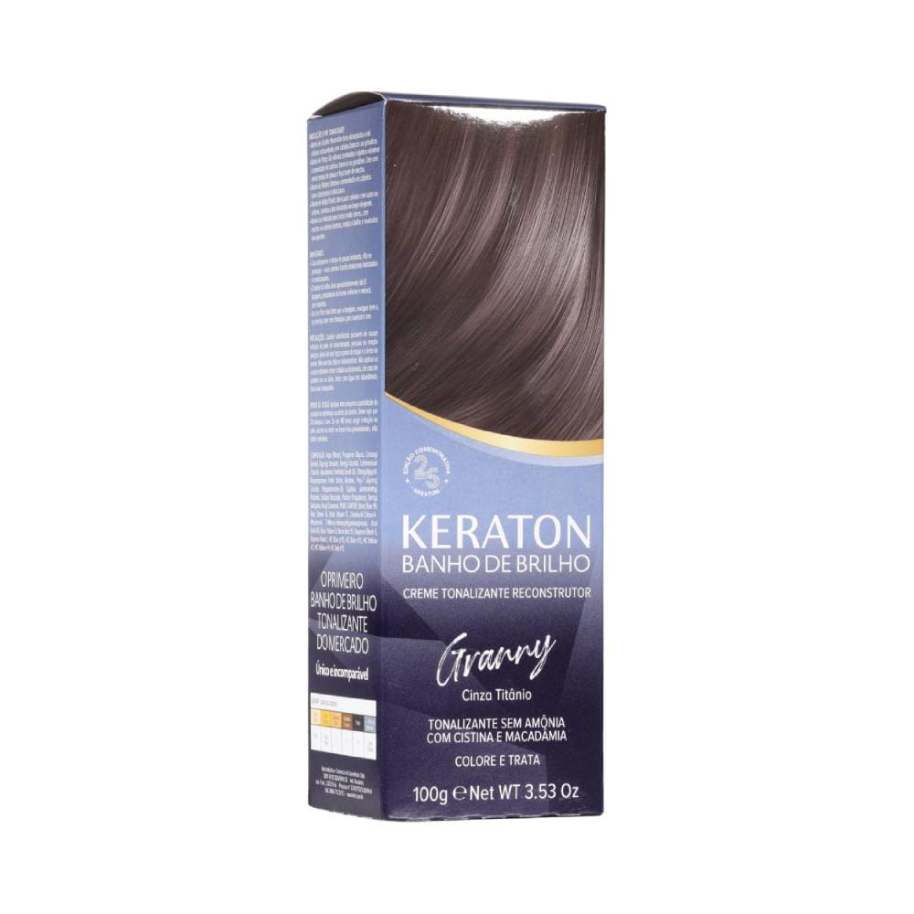 Tonalizante Banho de Brilho Keraton Granny 100g - embalagem e resultado em cabelo cinza titânio