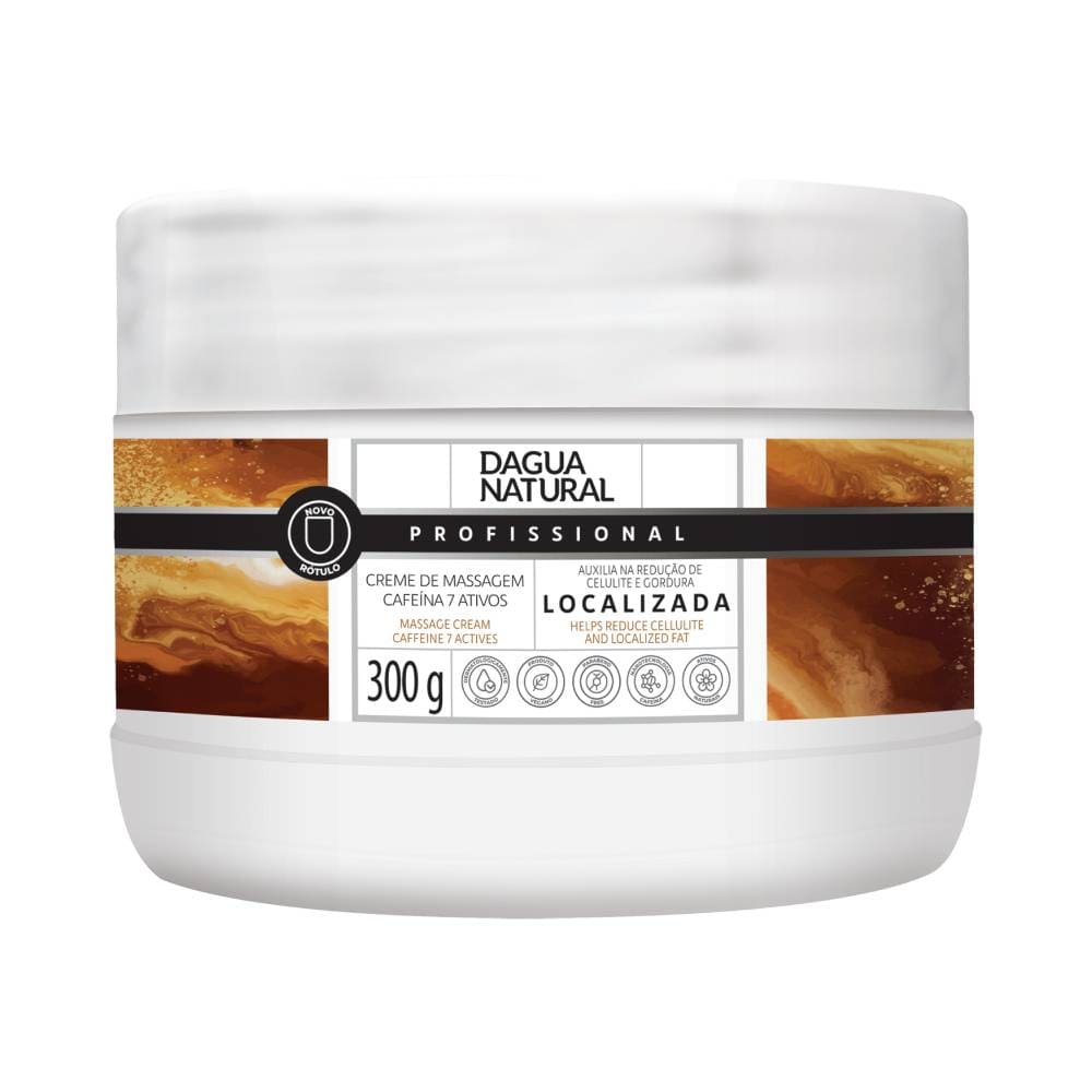 Creme de Massagem D'agua Natural Cafeína 300g - pote branco com rótulo bege e grãos de café