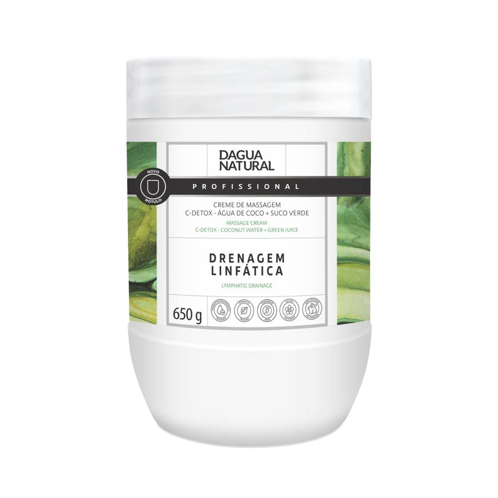Creme de Massagem D'água Natural C-Detox 650g embalagem branca com rótulo verde