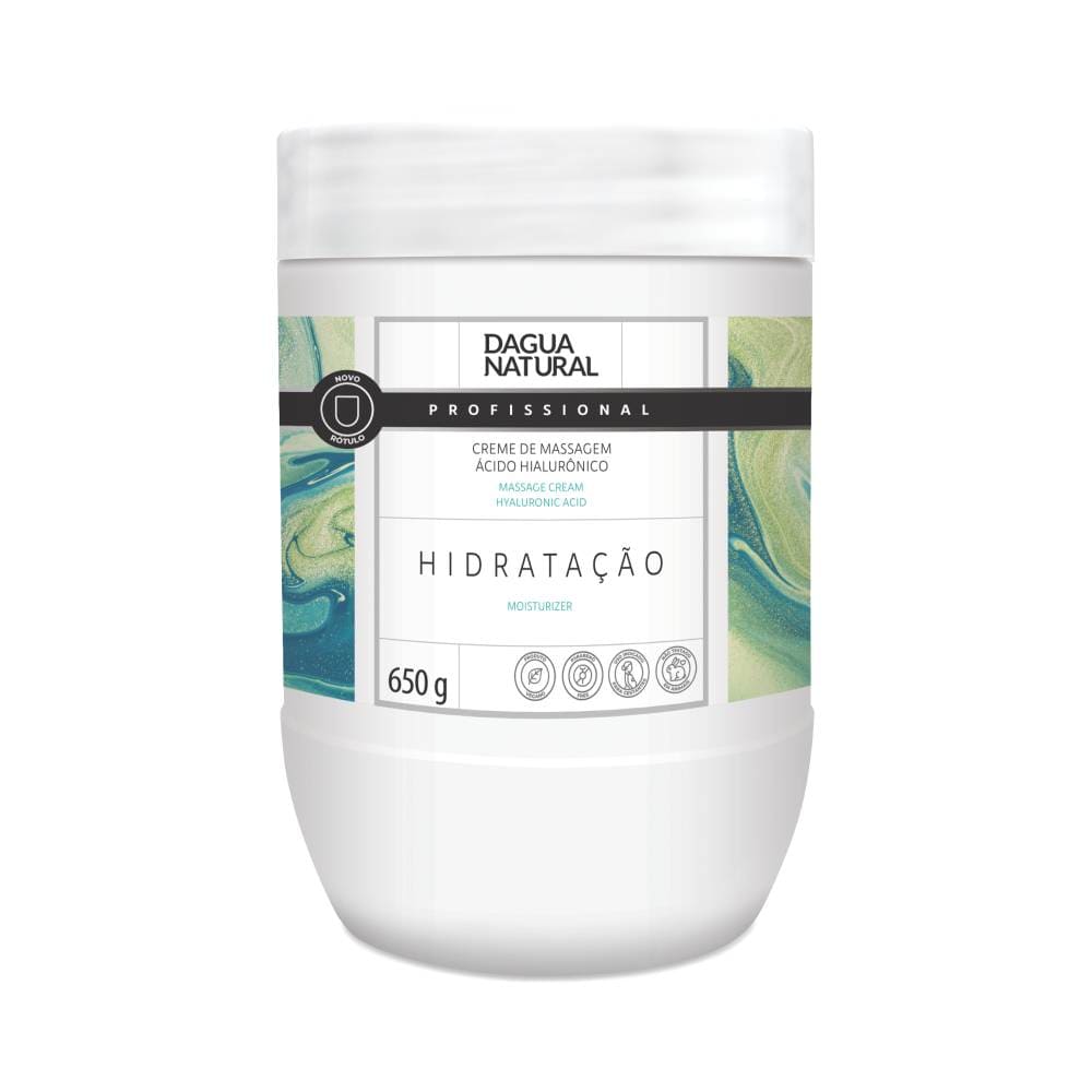 Pote do Creme de Massagem D'Água Natural 650g com destaque Ácido Hialurônico