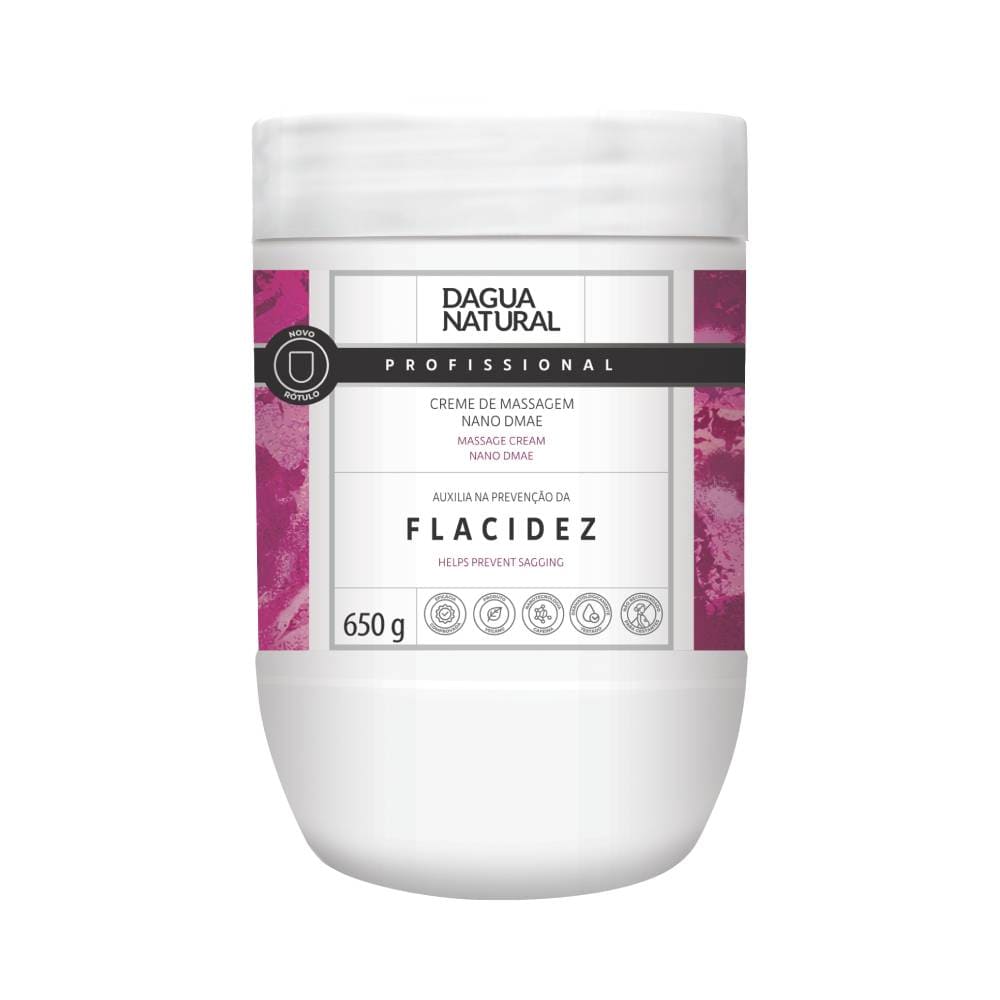 Creme de Massagem D'água Natural Nano DMAE 650g - pote branco com rótulo roxo e selo vegano