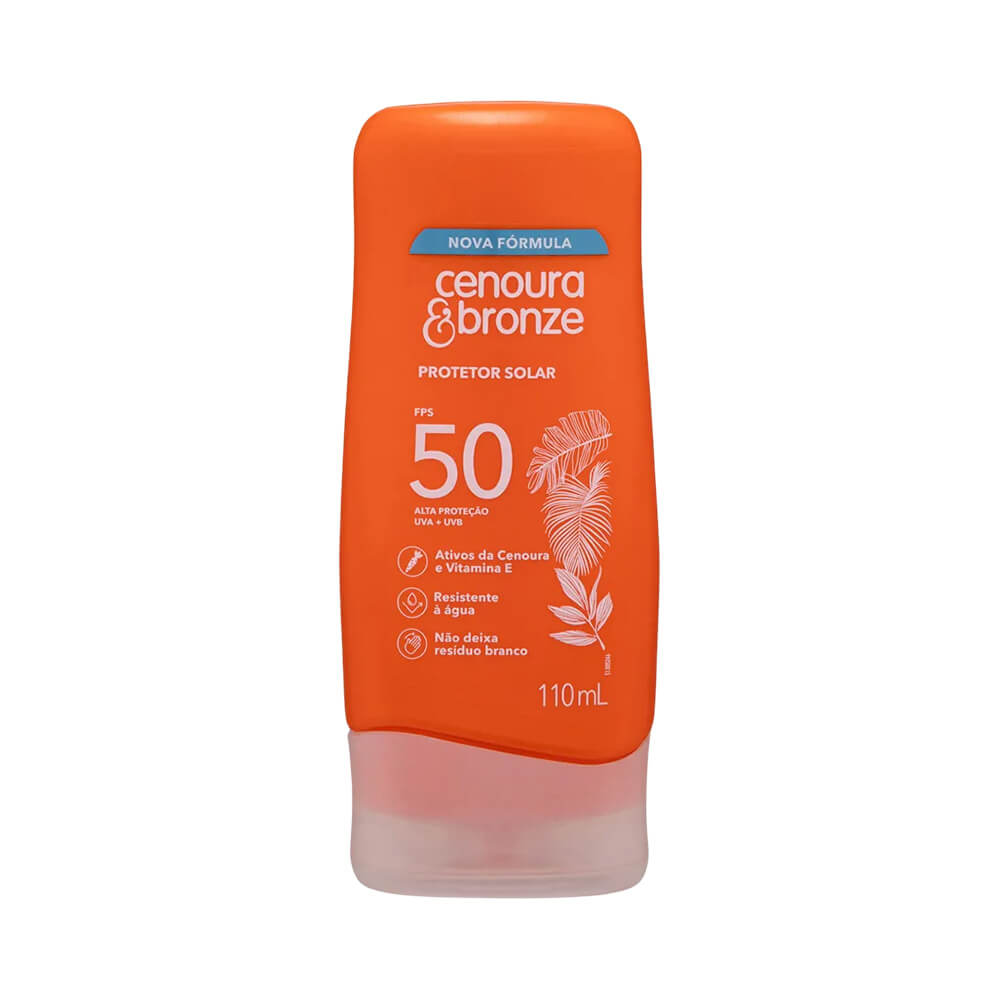 Frente do protetor solar Cenoura e Bronze FPS 50 em embalagem laranja com tampa transparente fosca