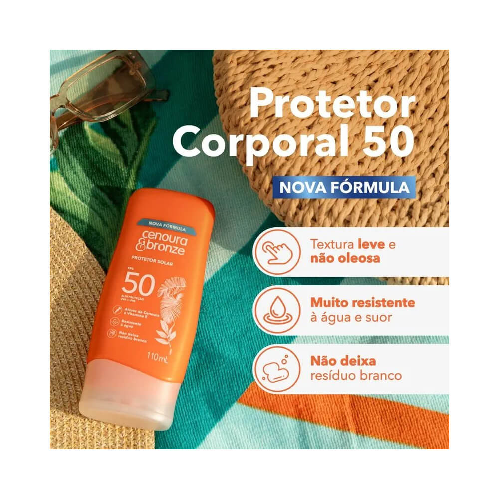 Protetor solar corporal Cenoura e Bronze FPS 50 com fundo de toalha colorida, chapéu e óculos escuros