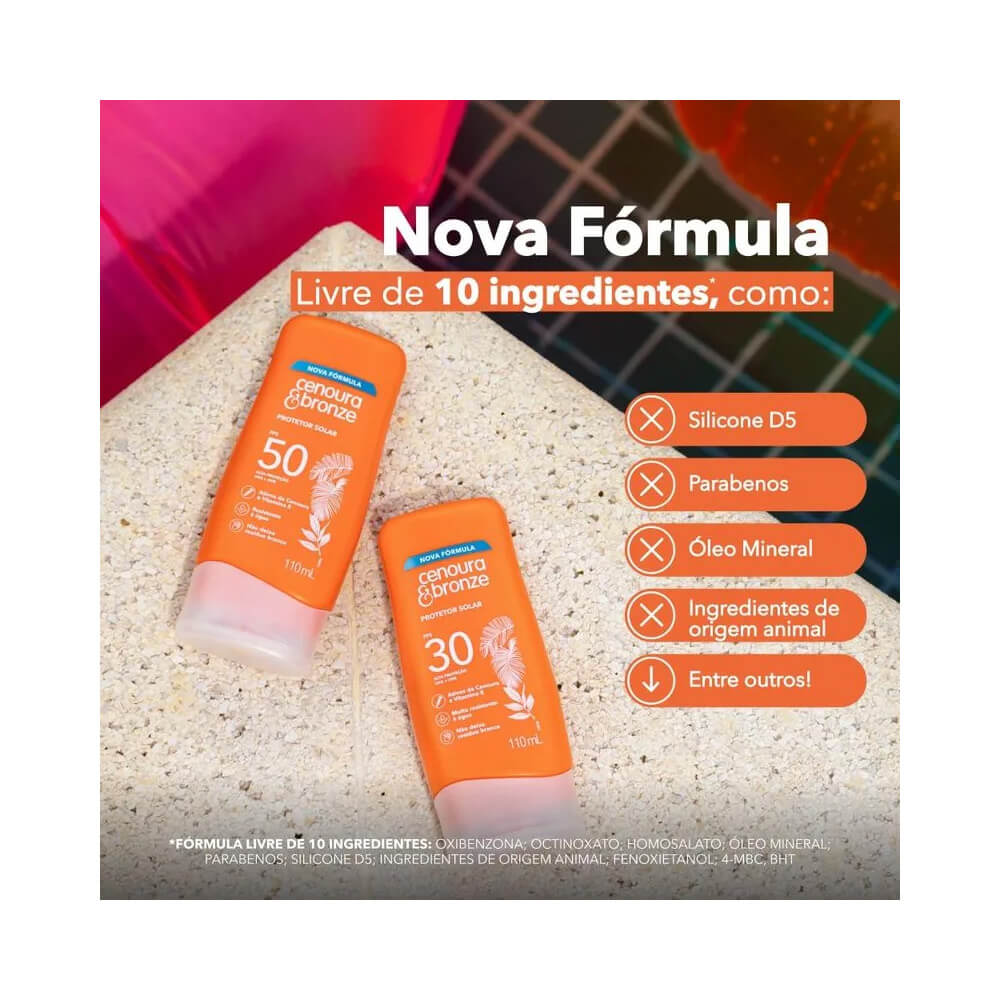 Duas embalagens do protetor solar Cenoura e Bronze FPS 50 e FPS 30 sobre superfície clara