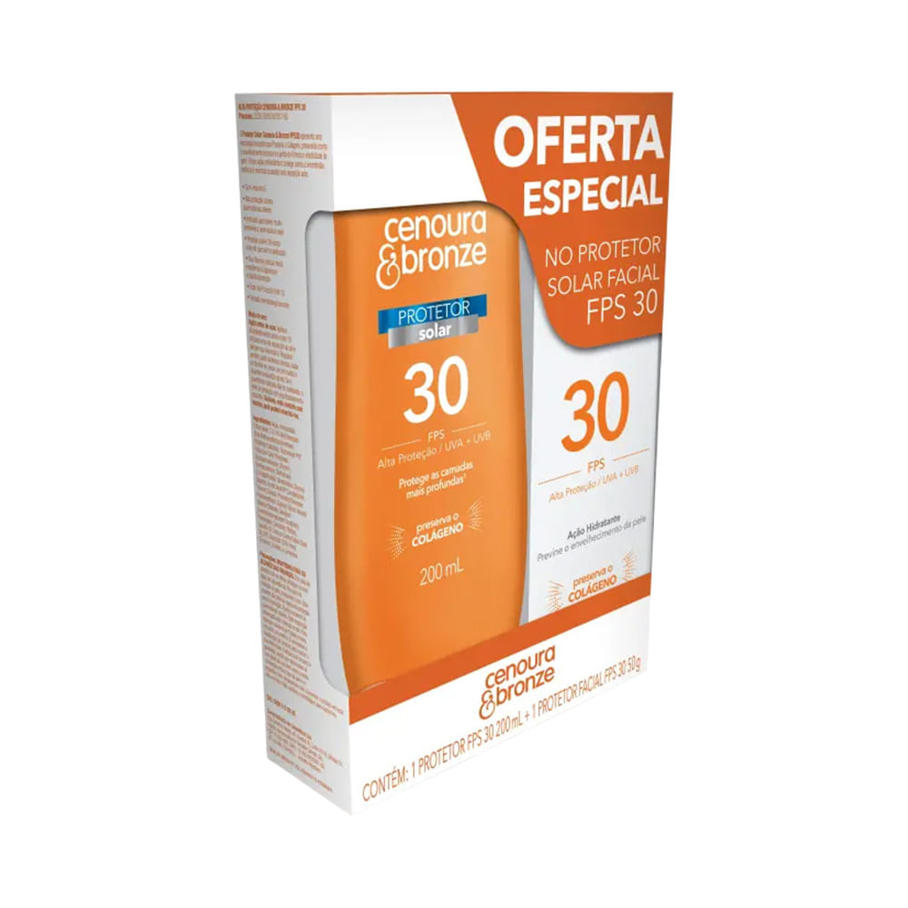 Kit Cenoura & Bronze protetor solar corporal e facial em embalagens laranja e branca