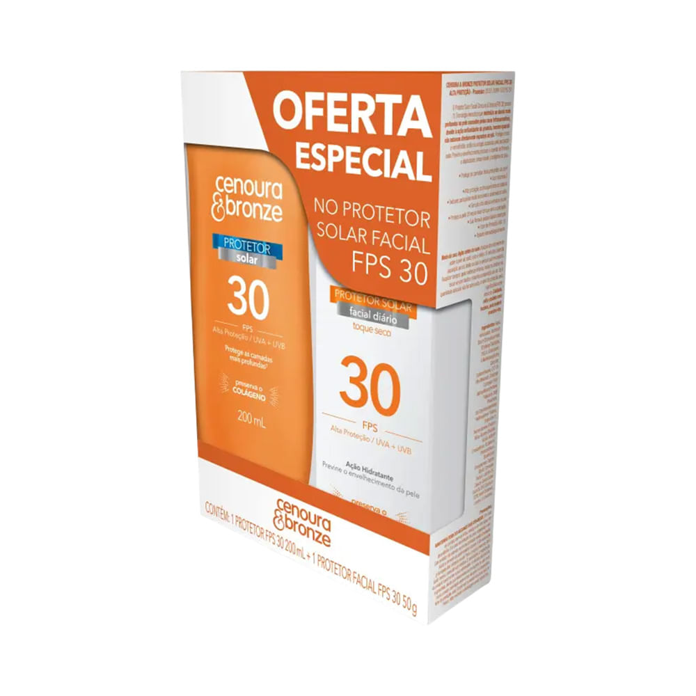 Kit Cenoura & Bronze protetor solar corporal e facial em embalagens laranja e branca