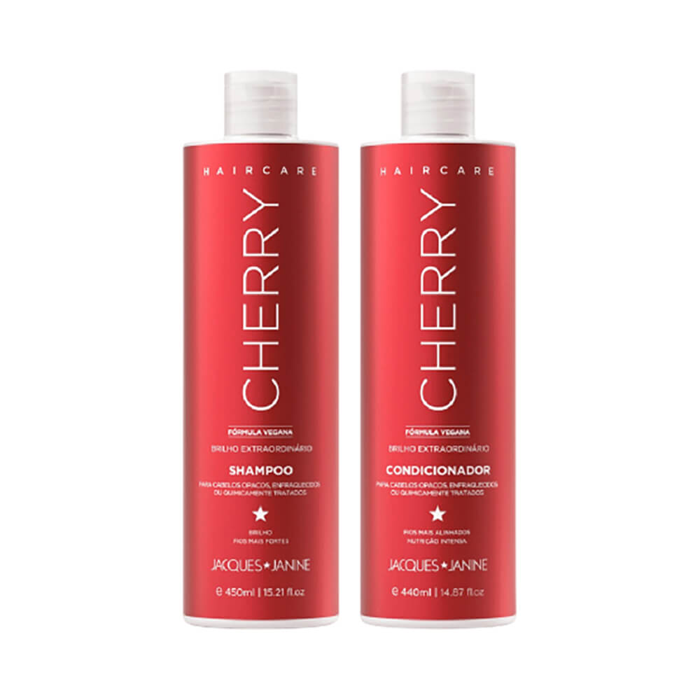 Kit Jacques Janine Hair Care Cherry com shampoo e condicionador em embalagens vermelhas com tampa branca