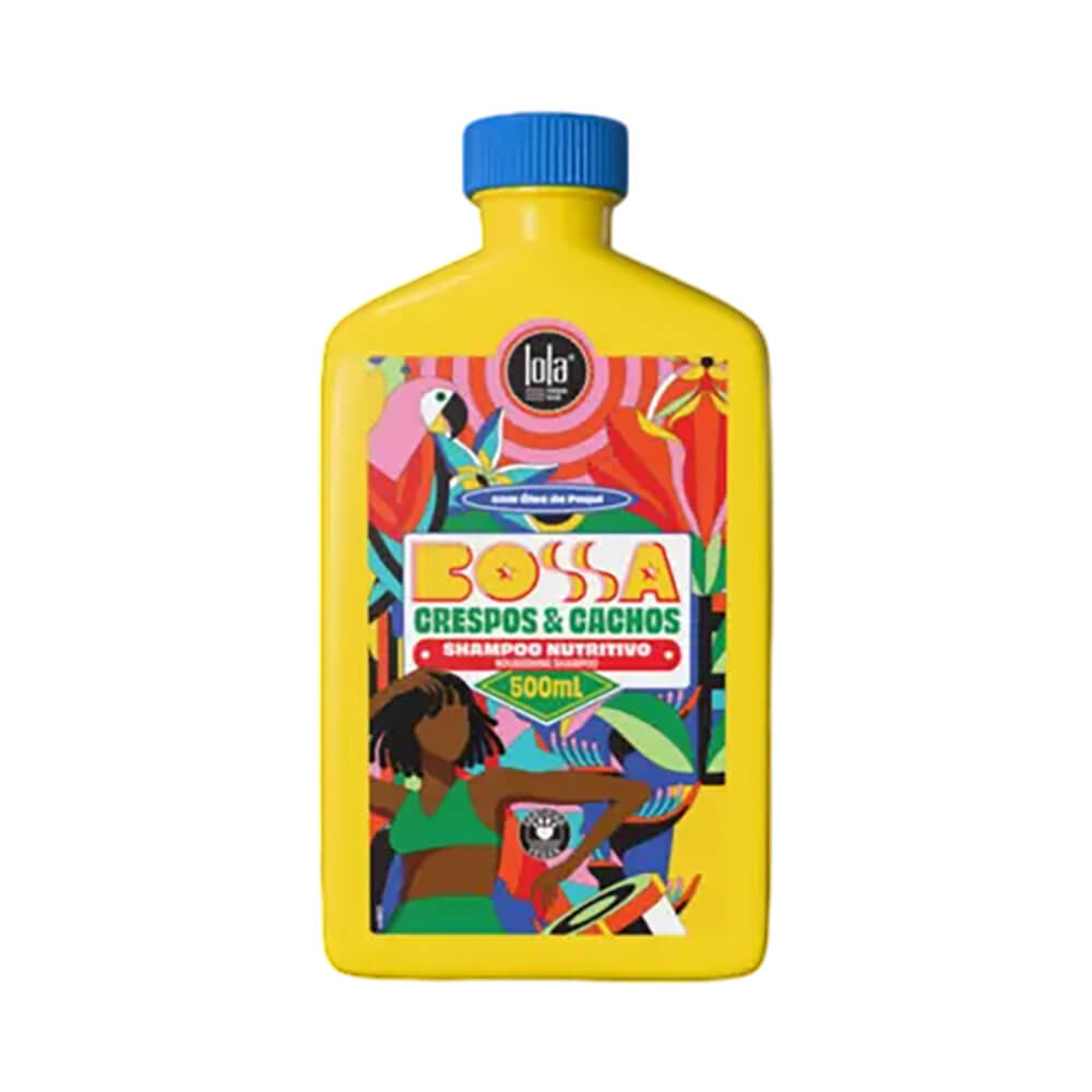 Frontal da embalagem do Shampoo Lola Bossa Crespos e Cachos 500ml, em frasco amarelo com tampa azul
