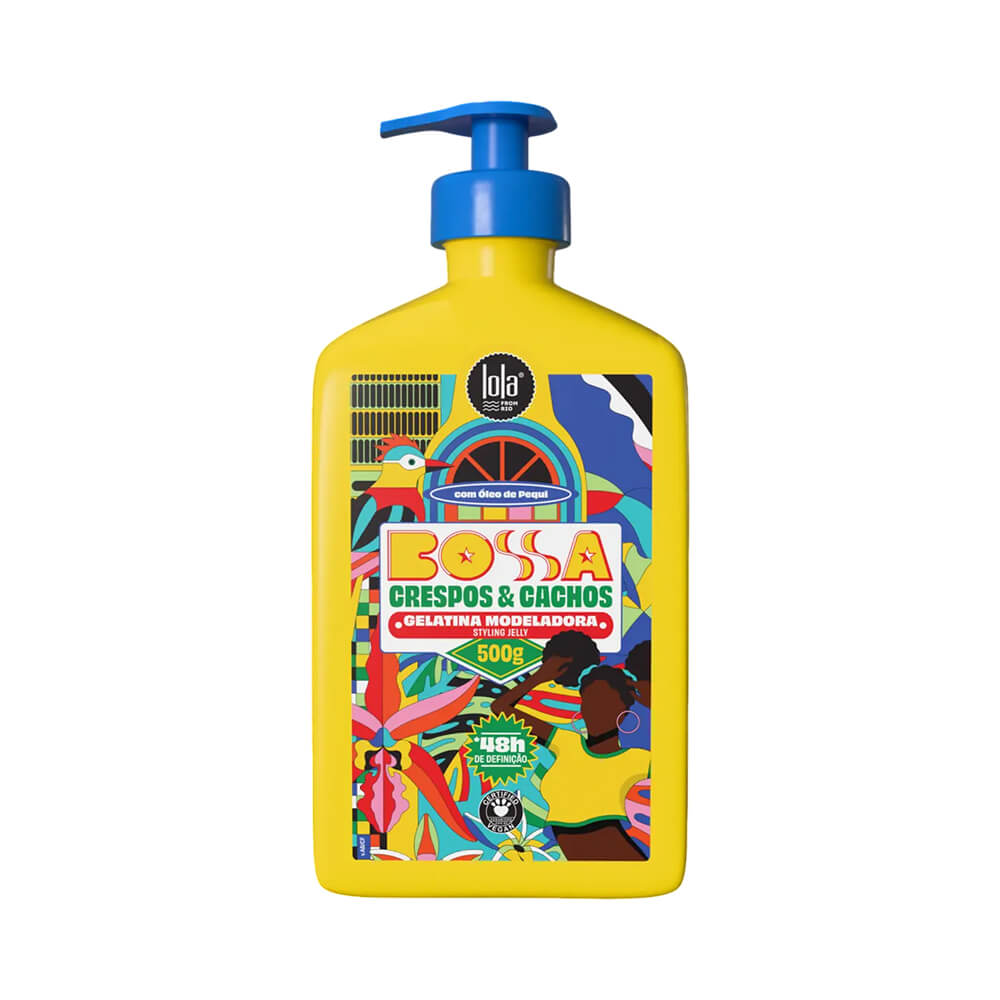 Frasco amarelo com válvula pump azul contendo Gelatina Modeladora Lola Bossa para Crespos e Cachos, 500g