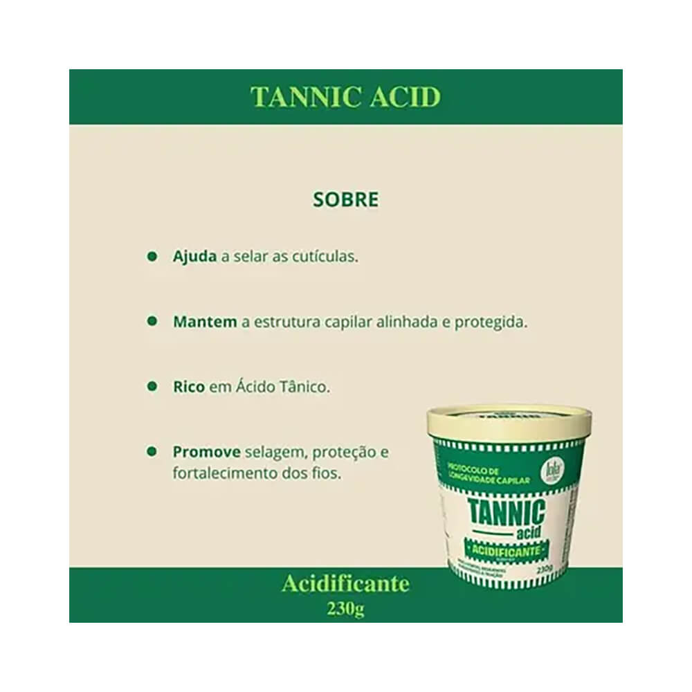 Imagem informativa do Acidificante Lola Tannic 230g destacando benefícios e composição