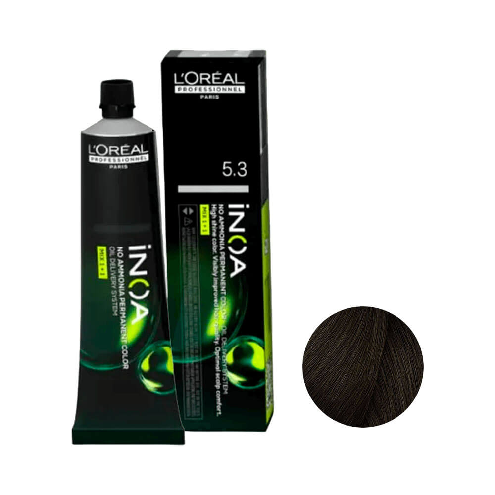 Tubo de coloração L'Oréal Professionnel Inoa 5.3 Castanho Claro Dourado Fundamental com amostra de cabelo colorido