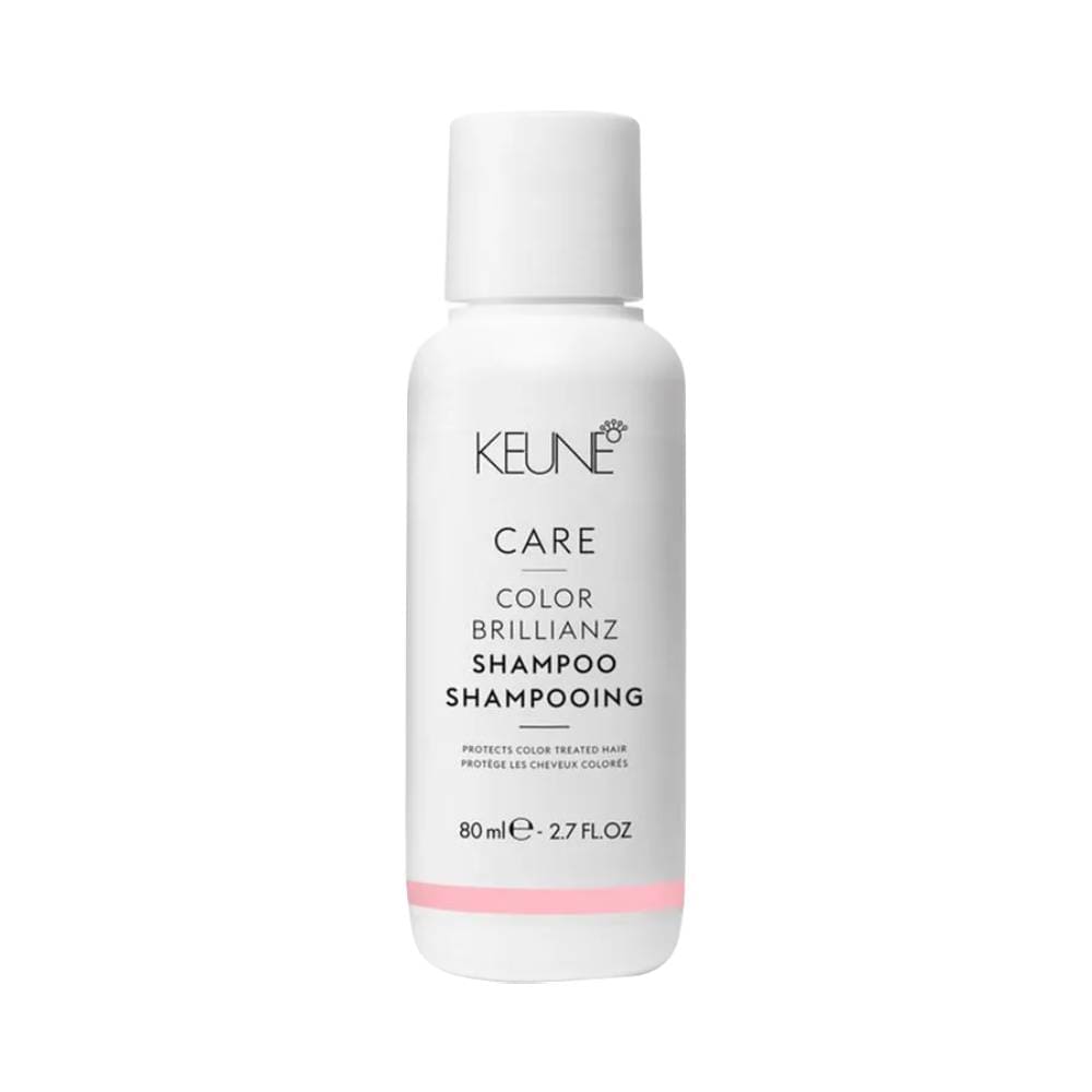 Frontal da embalagem do Shampoo Keune Care Color Brillianz 80ml em frasco branco com detalhes em rosa