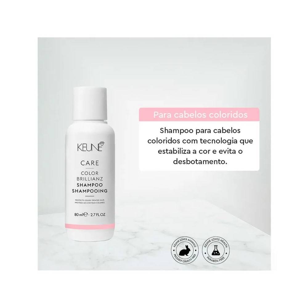 Frasco do Shampoo Keune Care Color Brillianz 80ml com destaque para proteção UV e fórmula suave