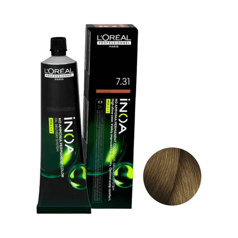 Coloração L'Oréal Professionnel Inoa 7.31 Louro Dourado Acinzentado com tubo e embalagem preta e verde
