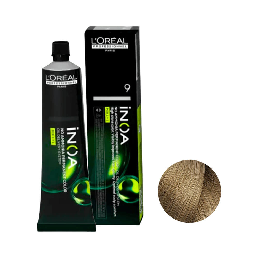 Tubo de tintura L'Oréal Professionnel Inoa 9 Louro Muito Claro ao lado da embalagem