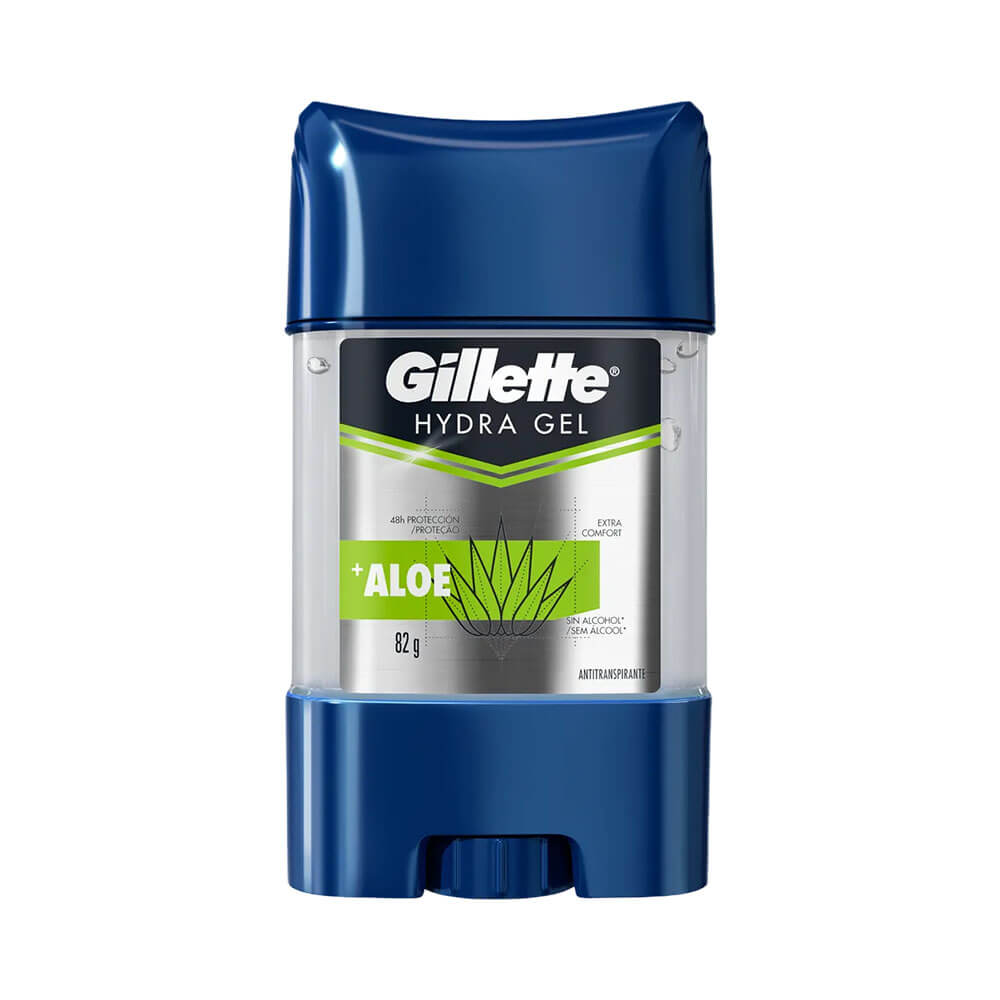 Desodorante gel Gillette Hydra Gel Aloe 45g com embalagem transparente e tampa azul escura