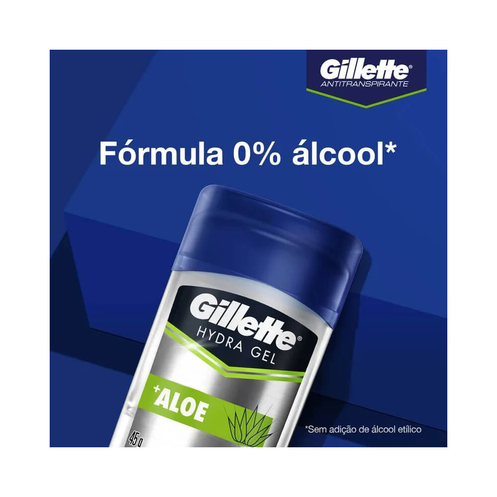Desodorante gel Gillette Hydra Gel Aloe 45g em fundo azul escuro com destaque na embalagem