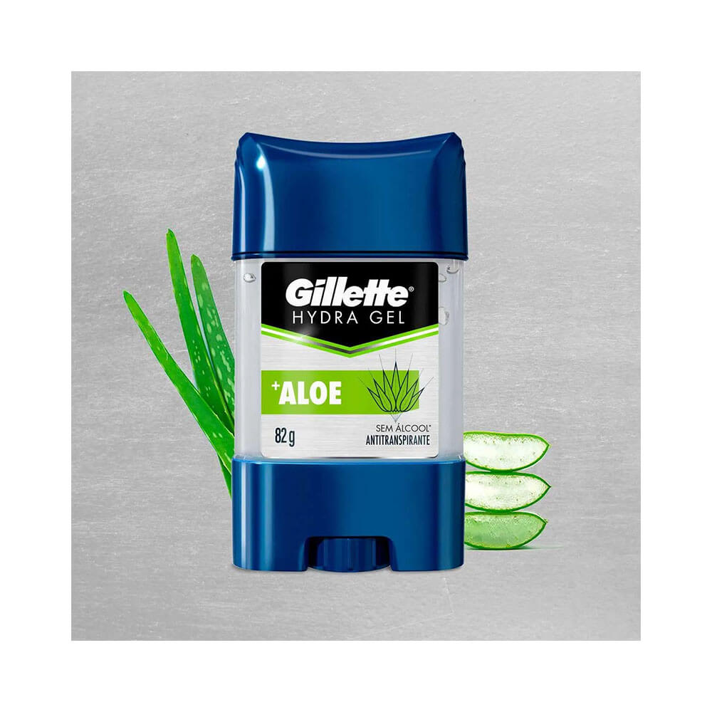 Desodorante gel Gillette Hydra Gel Aloe 45g com folhas de aloe vera ao lado