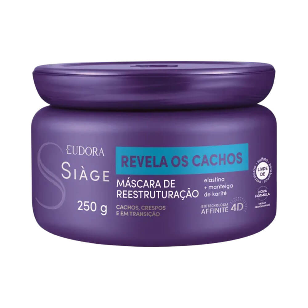 Máscara Capilar Siàge Revela os Cachos 250g embalagem roxa com tampa roxa
