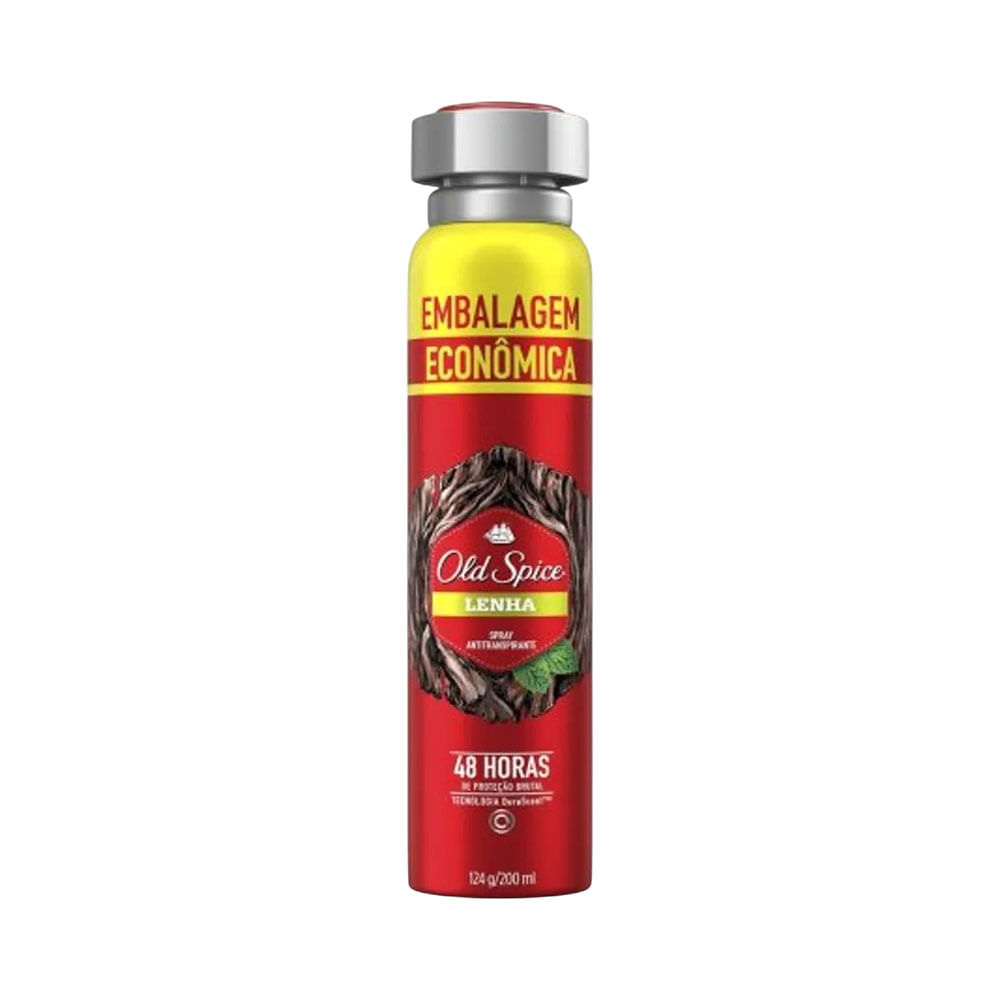 Desodorante aerosol Old Spice Lenha 200ml em embalagem vermelha com tampa prateada