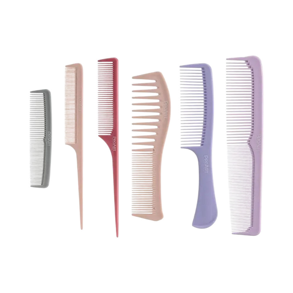 Seis pentes coloridos do Kit Proart alinhados sobre fundo branco