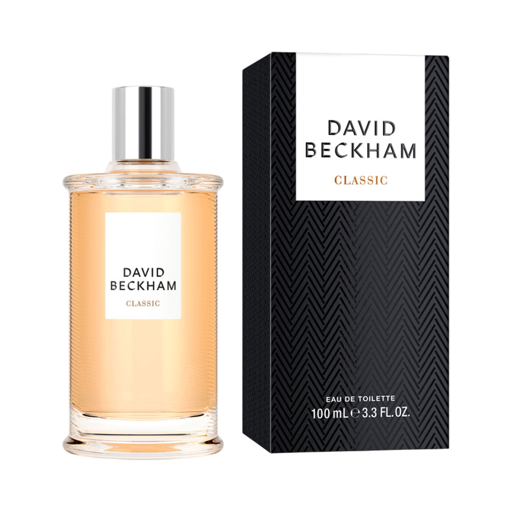 Frasco e caixa preta com padrão geométrico e rótulo branco do Eau De Toilette David Beckham Classic 100ml