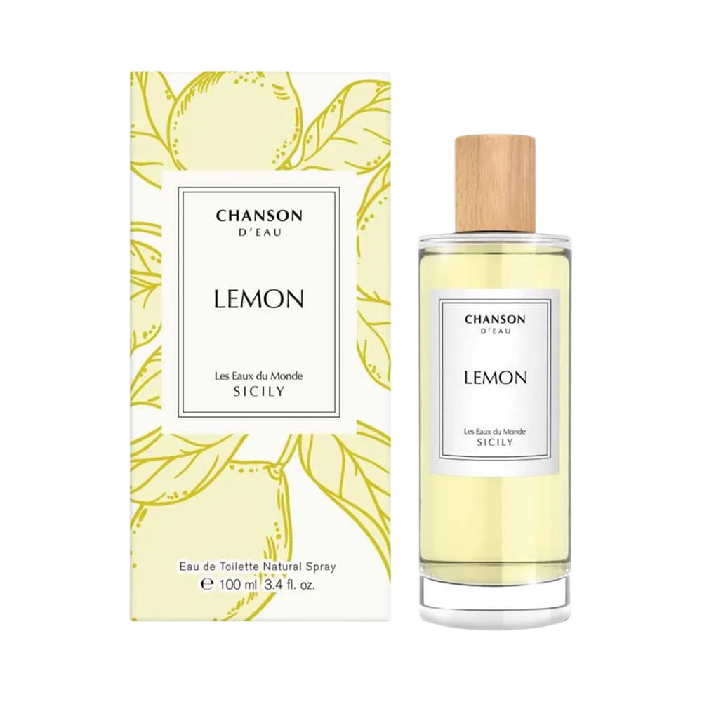 Frasco de Eau De Toilette Chanson d'Eau Lemon 100ml ao lado da caixa branca com ilustrações de limões
