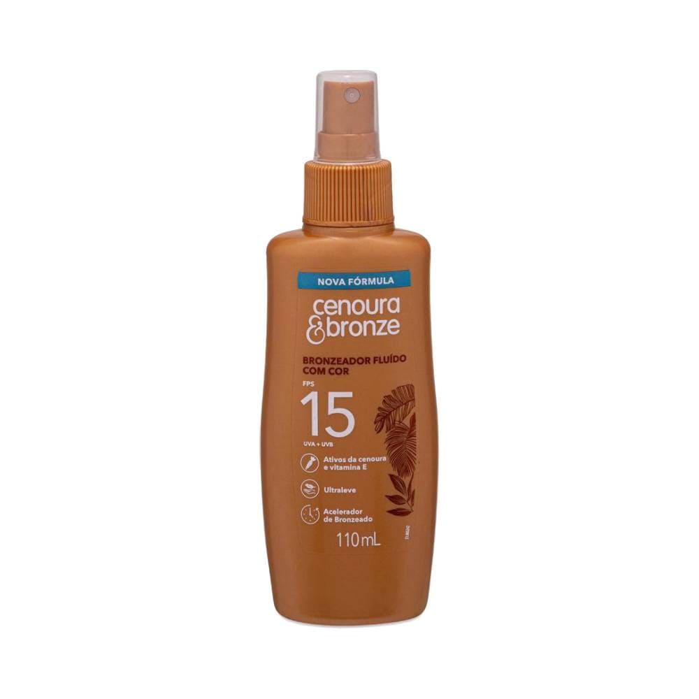 Frasco do bronzeador fluido com cor da marca Cenoura & Bronze, FPS 15, em ângulo frontal, mostrando o rótulo com informações sobre o produto, em fundo branco.
