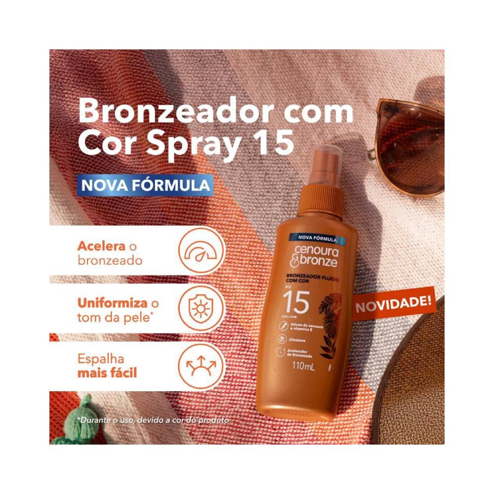 Frasco do bronzeador fluido com cor da marca Cenoura & Bronze, FPS 15, em ângulo frontal, sobre um fundo de tecido escuro, com informações sobre o produto em destaque.