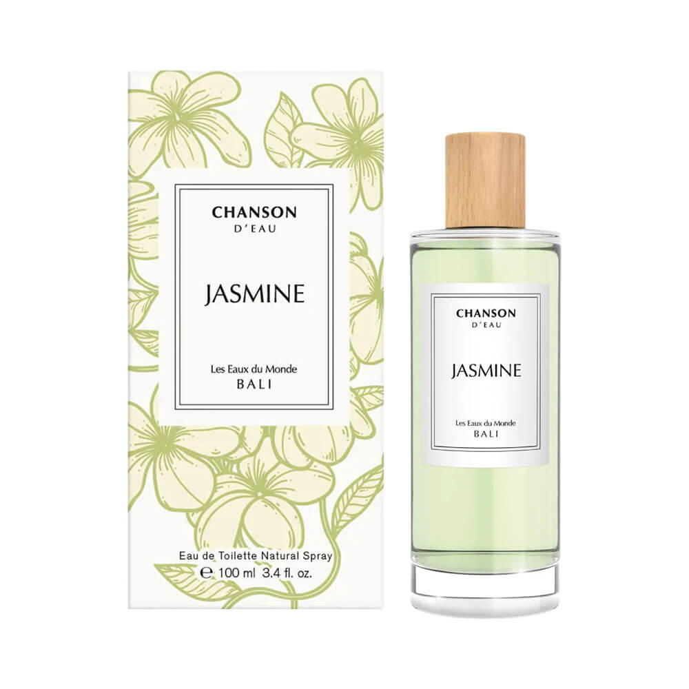Frasco e caixa do Eau De Toilette Chanson d'Eau Jasmine 100ml lado a lado com design floral