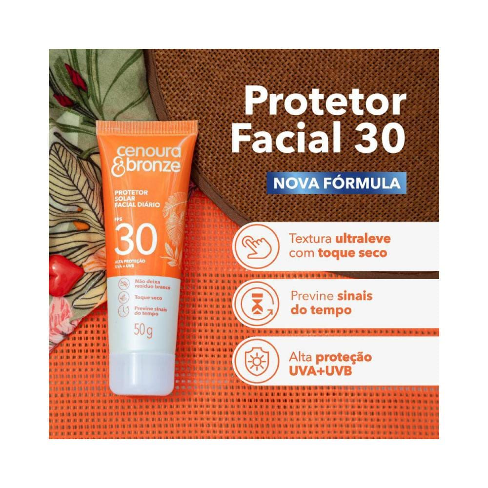 Produto e caixa do protetor solar Cenoura & Bronze FPS 30 lado a lado sobre fundo branco